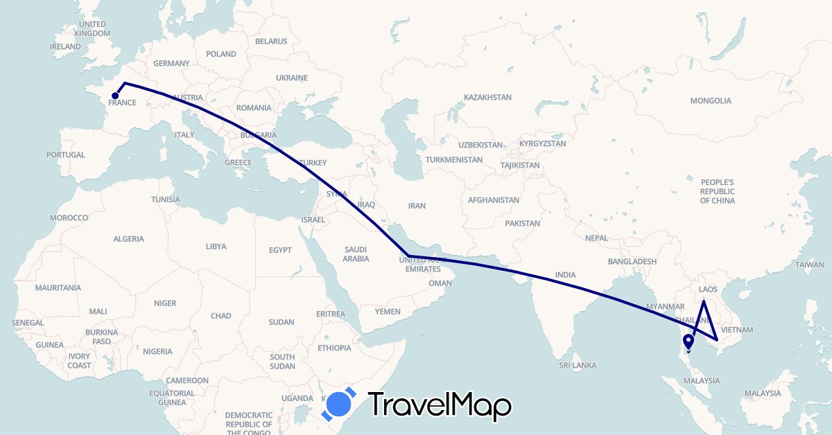 TravelMap itinerary: driving in France, Cambodia, Laos, Qatar, Thailand (Asia, Europe)